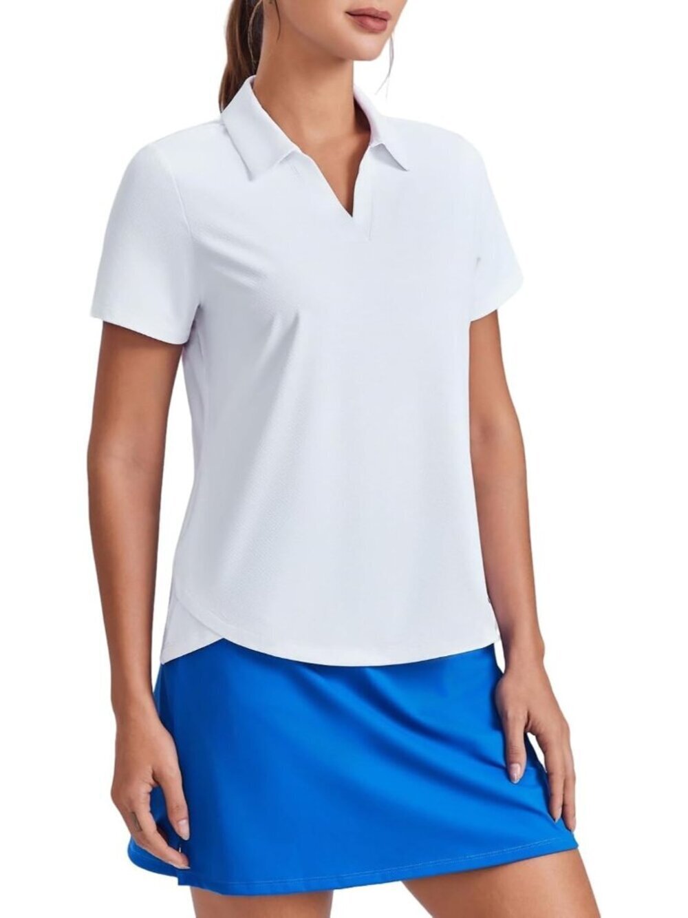 Womens White Golf Shirt UPF50+ Short Sleeve V-Neck Tennis Collared Topsad